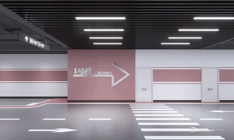 Parking Lot With Line 1 Station Arrow Sign Pink Wall White Lines And Ceiling Lights 3d model 