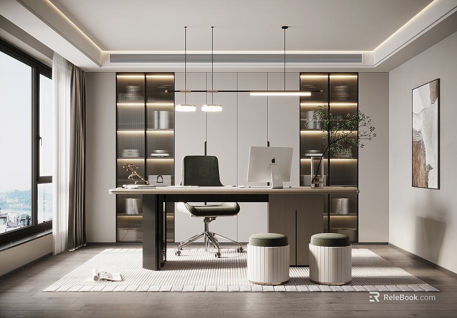 Modern Home Office Interior With Desk Computer Green Chair Hanging Lights And Wooden Bookshelves 3d model 