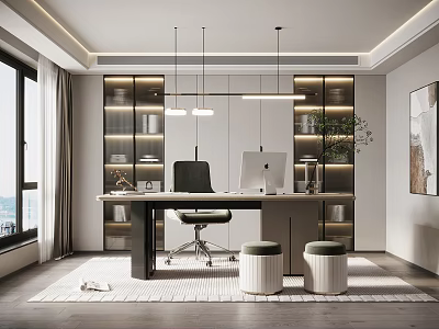 Modern Home Office Interior With Desk Computer Green Chair Hanging Lights And Wooden Bookshelves 3d model