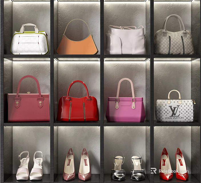 Elegant Handbags In Various Colors And Styles Displayed On Shelves 3d model 