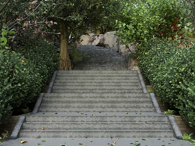 Beautiful Garden Landscape With Stone Steps Lush Green Shrubs Trees And Fallen Leaves 3d model