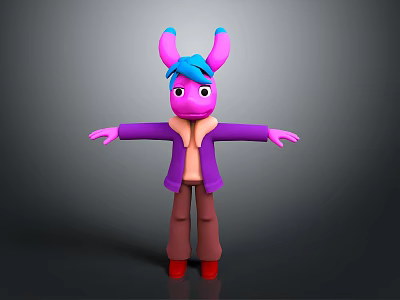 Cartoon Creature With Pink And Blue Ears Purple Coat Brown Pants Red Shoes Arms Outstretched 3d model