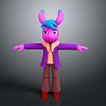 Cartoon Creature With Pink And Blue Ears Purple Coat Brown Pants Red Shoes Arms Outstretched