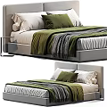 Modern Double Bed with Light Gray Headboard Green Gray Blankets and White Pillows 3d model