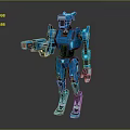 Futuristic Blue Robot Character In Game Movie With Mechanical Armor And Weapon