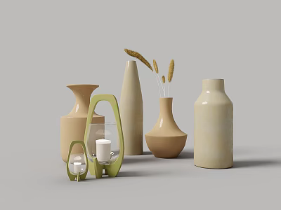 Decorative Ceramic Vases in Beige and Light Brown with Green Frame Candle and Wheat Decorations 3d model