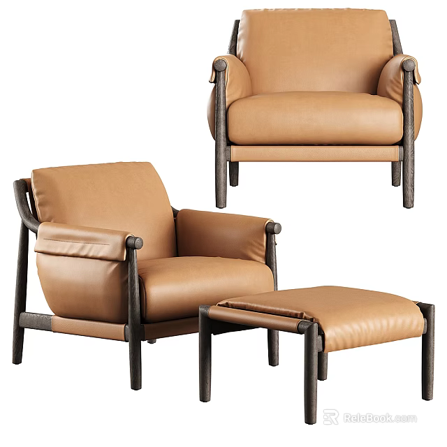 Brown Leather Single Sofa With Dark Wood Frame And Matching Ottoman 3d model 