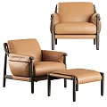Brown Leather Single Sofa With Dark Wood Frame And Matching Ottoman
