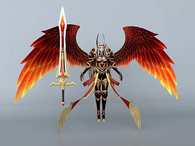 Game Movie Character Featuring Large Red Orange Wings Flaming Sword And Ornate Armor 3d model