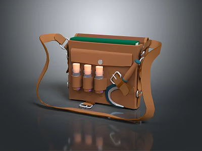 Brown Leather Shoulder Bag With Multiple Pockets Green Lining And Metal Buckles 3d model