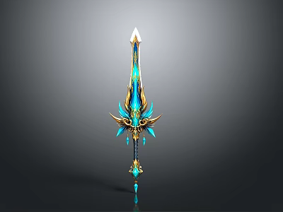 Ornate Fantasy Sword With Blue Golden Accents And Glowing Crystal Decorations 3d model