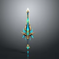 Ornate Fantasy Sword With Blue Golden Accents And Glowing Crystal Decorations