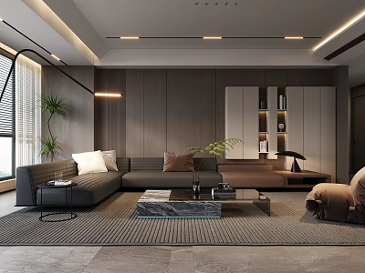 Modern Living Room Interior With L-shaped Sofa Coffee Table Wooden Wall And Potted Plant 3d model