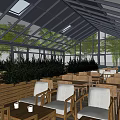 Sunlit Glass Roof Café Interior With Wooden Tables White Seats Green Plants And Outdoor View