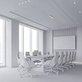 Modern Conference Room With Black Ceiling Large Windows Green Chairs Long Table Laptops Wall Art