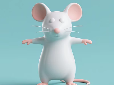Decorative Ornament Set With Cute White Mouse Figurine Pink Ears And Blue Background 3d model