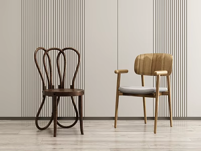 Stylish Leisure Chairs With Unique Designs Against Striped Wall And Wooden Floor 3d model