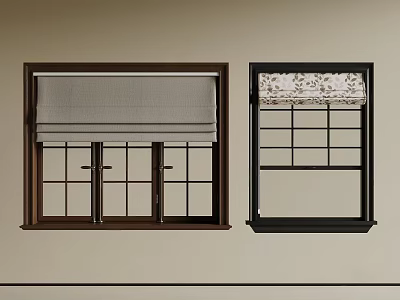 Casement Windows With Brown And Black Frames Square Panes And Roller Blinds 3d model