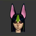 Anime Style Character Head With Creature Ears Black Hair Green Highlights And Pink Accents