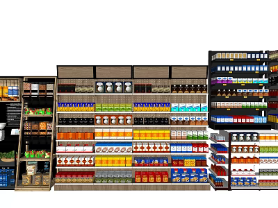 Retail Display Shelves With Multiple Layers Holding Various Canned Bottled And Boxed Products 3d model
