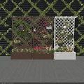 Charming Garden Decor with Black Wall Green Vines Lattice Trellis Hanging Baskets and Colorful Flowers