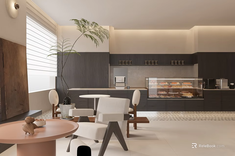 Modern Café Interior With Comfortable White Chairs Round Tables Large Green Plant And Bakery Display Case 3d model 
