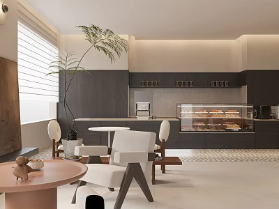 Modern Café Interior With Comfortable White Chairs Round Tables Large Green Plant And Bakery Display Case 3d model