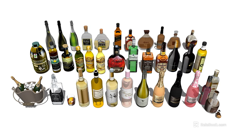 Various Wine Bottles and Wine Glasses Collection with Different Colors Styles and Types 3d model 