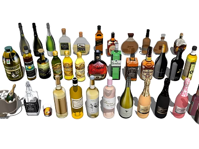 Various Wine Bottles and Wine Glasses Collection with Different Colors Styles and Types 3d model