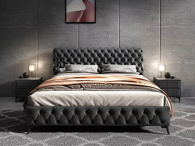Elegant Double Bed Against Textured Gray Walls with Tufted Headboard Abstract Painting Nightstands and Lamps 3d model