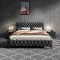 Elegant Double Bed Against Textured Gray Walls with Tufted Headboard Abstract Painting Nightstands and Lamps