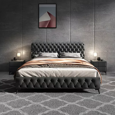 Elegant Double Bed Against Textured Gray Walls with Tufted Headboard Abstract Painting Nightstands and Lamps 3d model