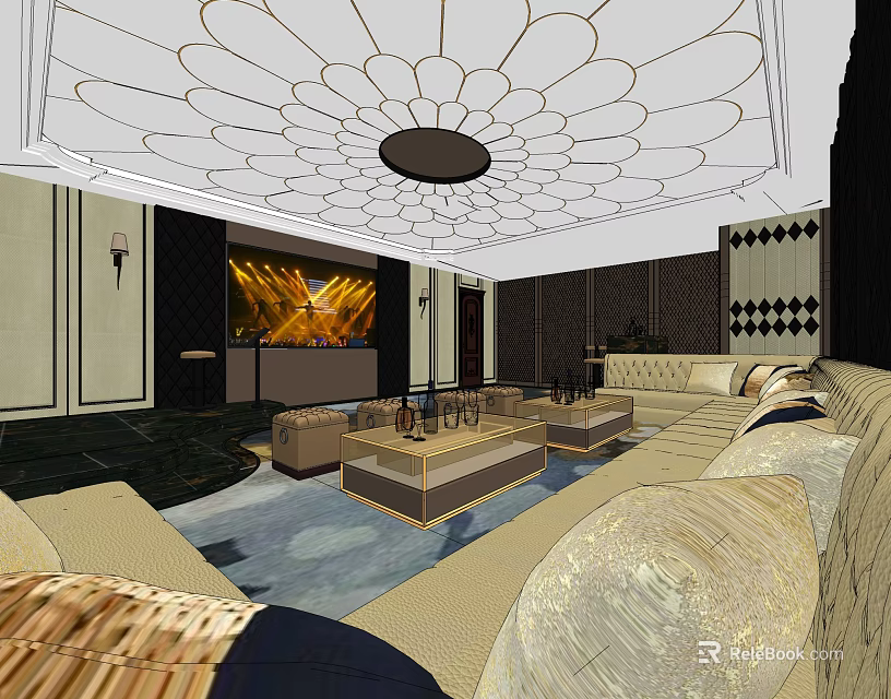 Luxurious KTV Lounge Interior With Comfortable Sofas Coffee Tables And Ceiling Decor 3d model