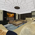 Luxurious KTV Lounge Interior With Comfortable Sofas Coffee Tables And Ceiling Decor 3d model
