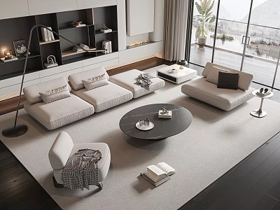 Minimalist Light Colored Sofa and Coffee Table Set in Modern Living Room with Rug 3d model
