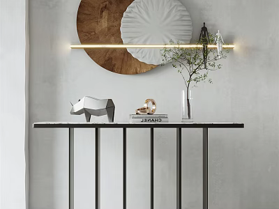 Modern Console Table Interior With Marble Top Black Metal Legs And Circular Wall Decor 3d model