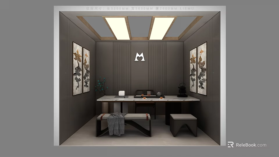 Modern Leisure Area With Floral Decorative Paintings Long Table Tea Set Stools And Square Lights 3d model 