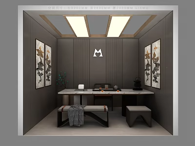 Modern Leisure Area With Floral Decorative Paintings Long Table Tea Set Stools And Square Lights 3d model