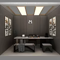 Modern Leisure Area With Floral Decorative Paintings Long Table Tea Set Stools And Square Lights