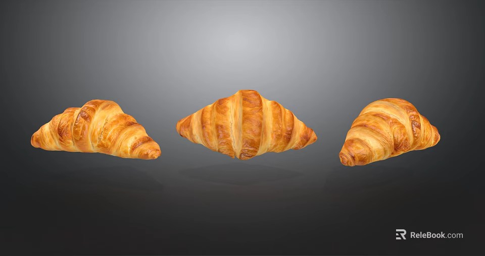 Three Fresh Baked Golden Croissants with Crispy Layers and Flaky Texture 3d model 