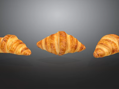 Three Fresh Baked Golden Croissants with Crispy Layers and Flaky Texture 3d model