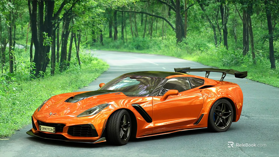 Dynamic Orange Sports Car With Black Accents And Rear Spoiler On Forest Road 3d model 