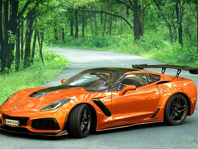 Dynamic Orange Sports Car With Black Accents And Rear Spoiler On Forest Road 3d model