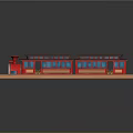 Red Model Train With Two Carriages And Dark Roof On Orange Platform
