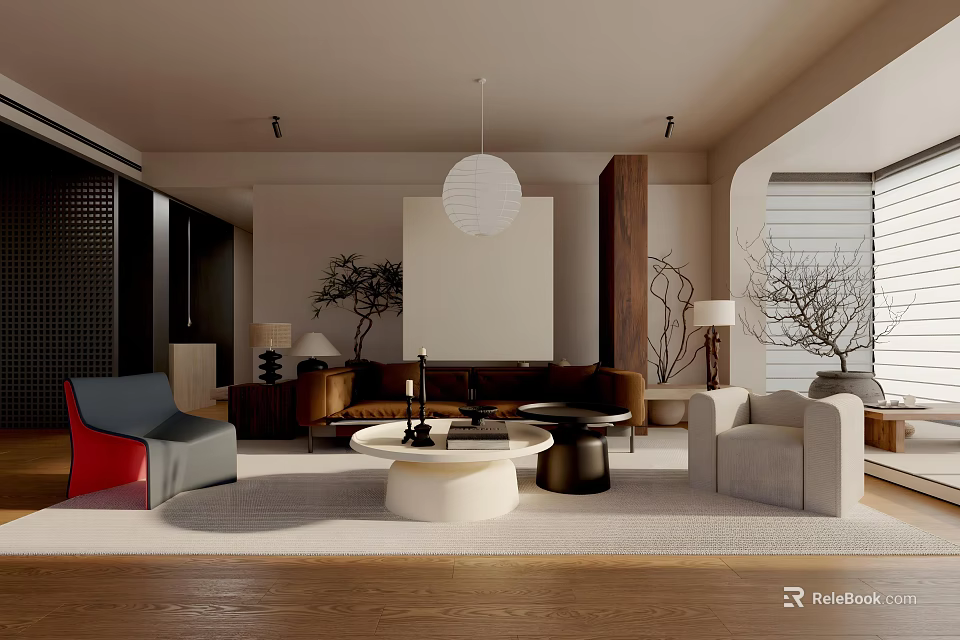 Modern Living Room Interior Design With Sofa Accent Chairs Coffee Table Pendant Light And Plants 3d model 