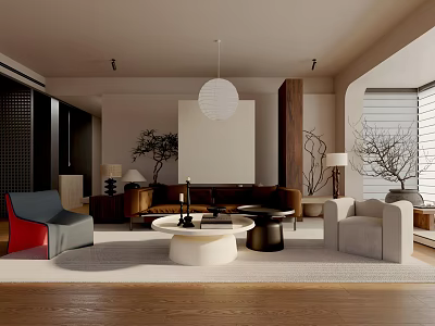 Modern Living Room Interior Design With Sofa Accent Chairs Coffee Table Pendant Light And Plants 3d model