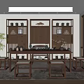 Modern Tea Room With Wooden Shelves Tea Utensils Potted Plant And Natural Light Window