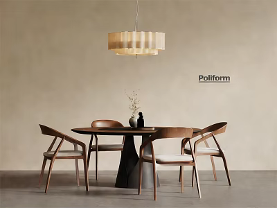 Modern Round Dining Table Set with Wooden Chairs Pendant Light and Decorative Vase 3d model