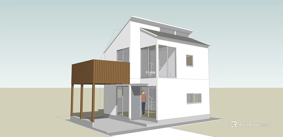 Modern Style White House Featuring Wooden Balcony Glass Door And Person Standing 3d model 