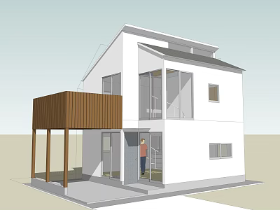 Modern Style White House Featuring Wooden Balcony Glass Door And Person Standing 3d model